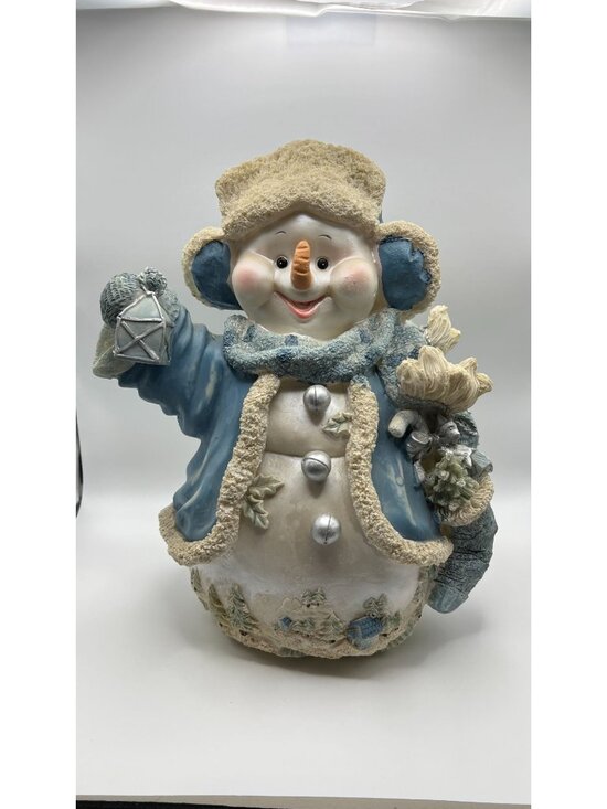 None Other - Vintage Snowman Figurine With Blue Coat Hat & Lantern - Holiday Winter Decor Acc